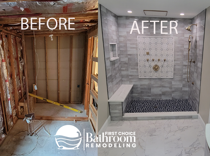 A before and after photo of a bathroom remodel.