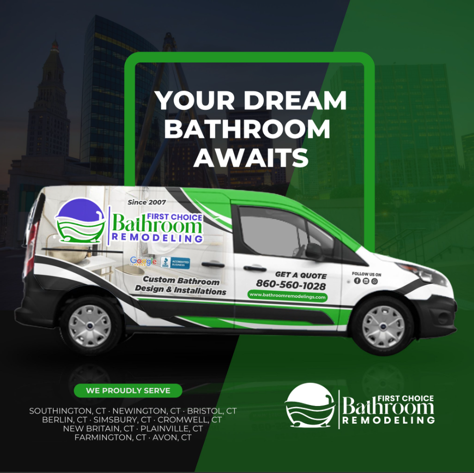 A green and white van with the words `` your dream bathroom awaits '' on it.