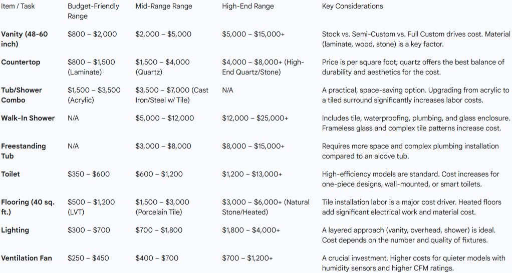 Table showing product specifications with details like product name, density range, cost range.