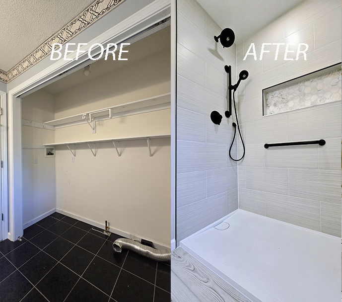 Before-and-after of a closet converted into a white tiled shower with black fixtures.