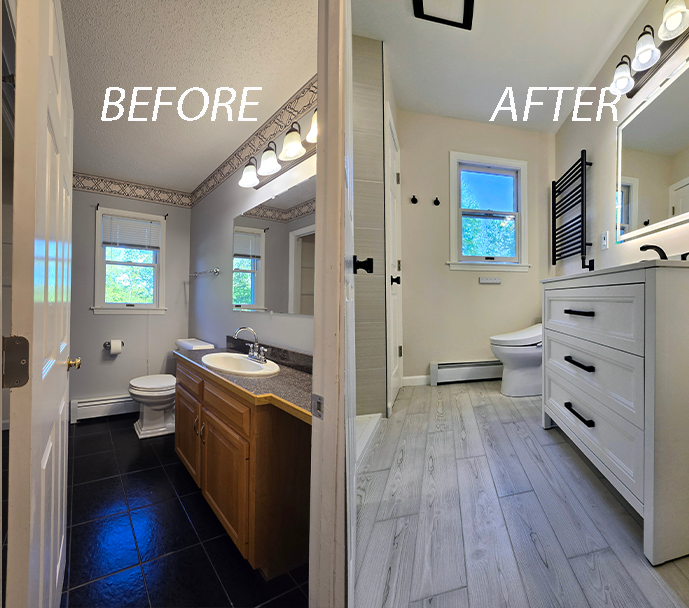 Before-and-after bathroom remodel: dark vanity and floor changed to bright white vanity and light tile.