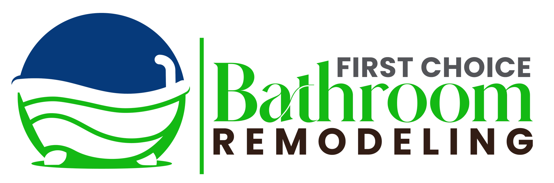 A logo for first choice bathroom remodeling with a bathtub in the middle.