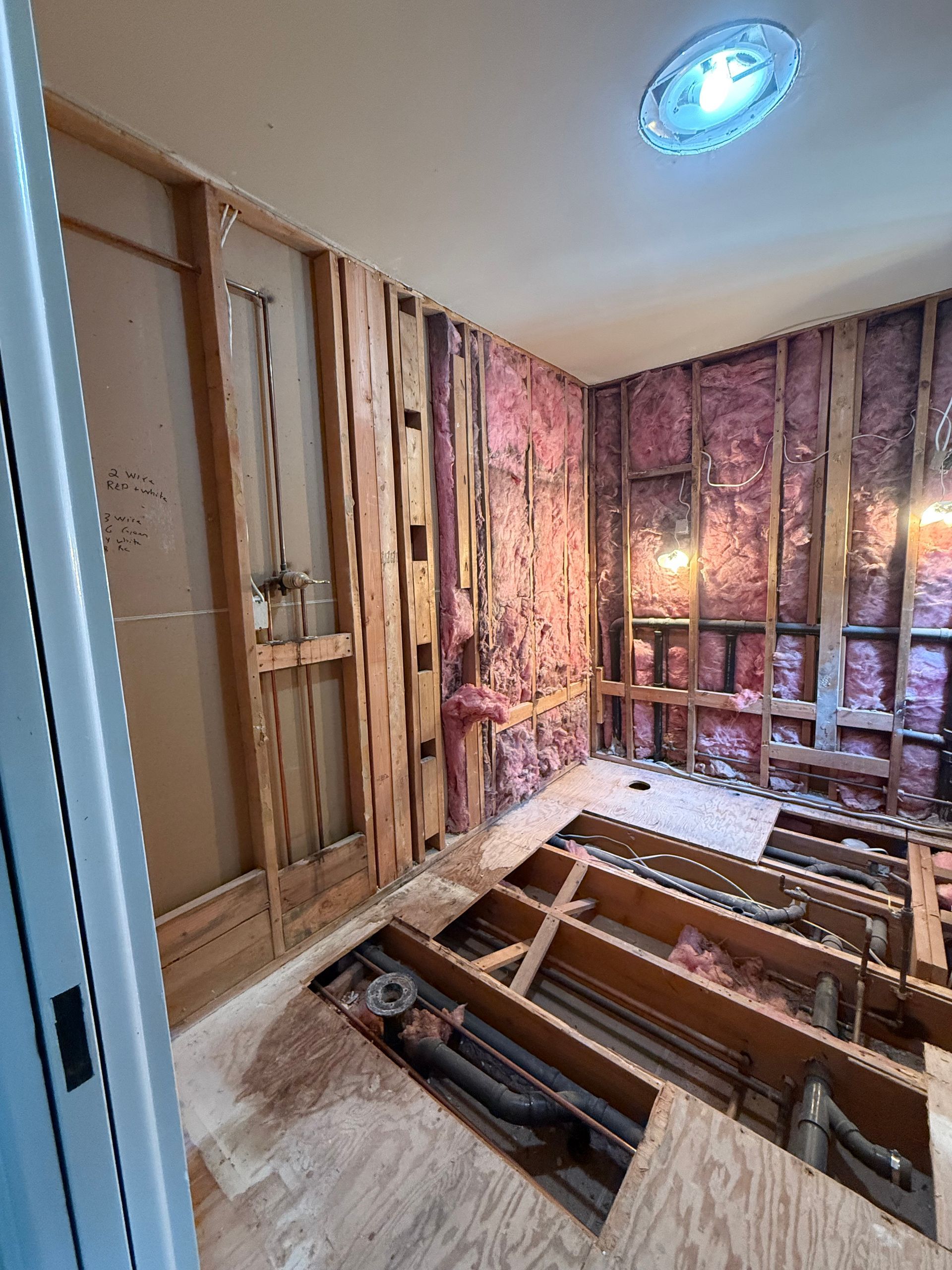 Bathroom renovation in progress, walls and floor partially open, insulation visible, overhead light.