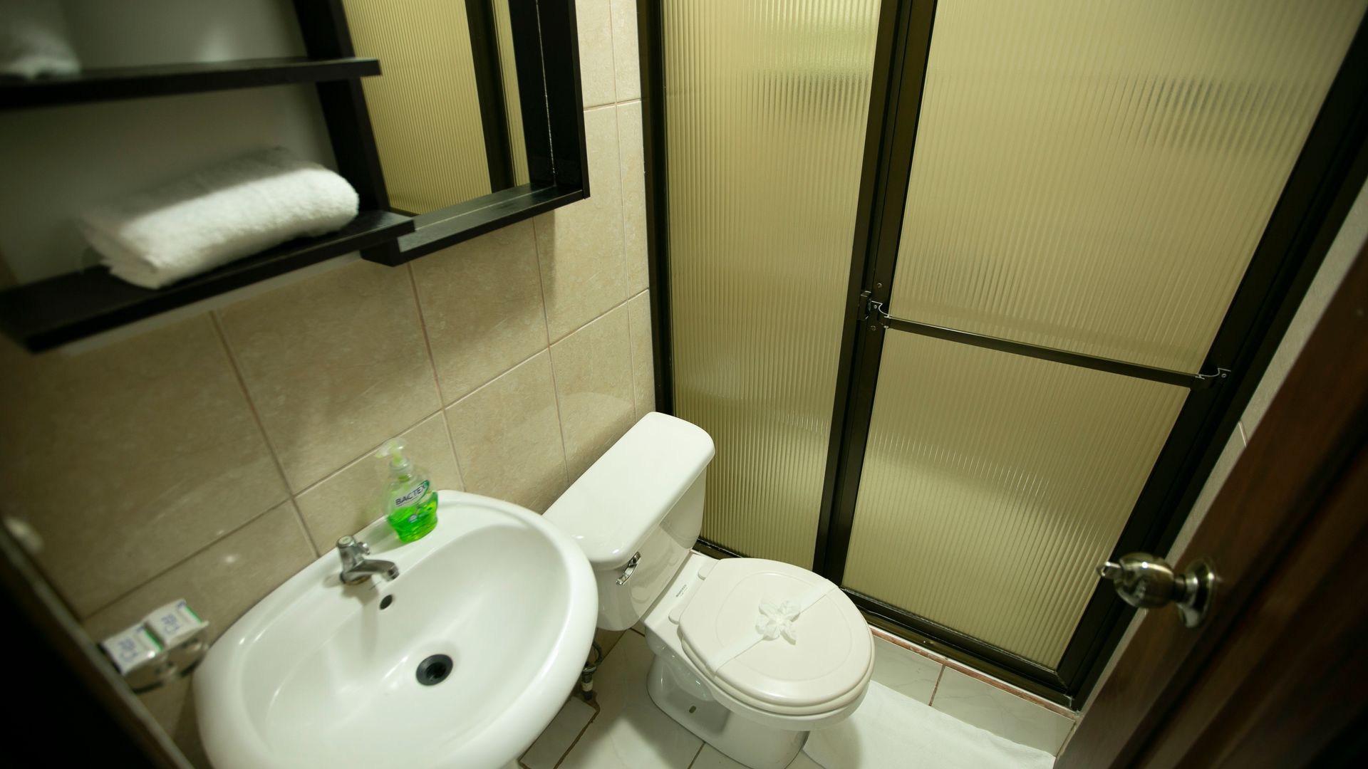 a bathroom with a sink , toilet , and shower .