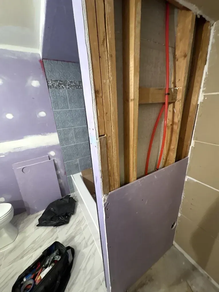 A bathroom renovation in progress, showing exposed wooden wall studs and purple moisture-resistant drywall near a tub.