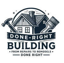 Logo for Done-Right Building showing a house, hammer, and paintbrush, with text: "FROM REPAIRS TO REMODELS - DONE RIGHT."