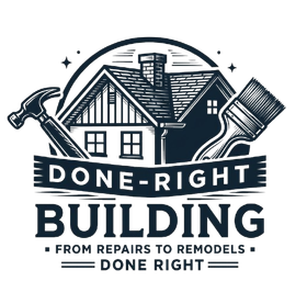 Logo for Done-Right Building showing a house, hammer, and paintbrush, with text: "FROM REPAIRS TO REMODELS - DONE RIGHT."