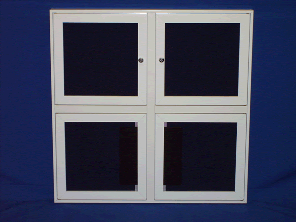 A white window with four black squares on a blue background