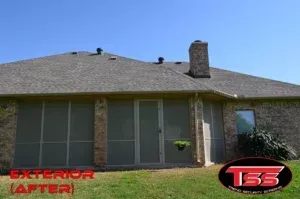 A house with a screened in porch and a tss logo