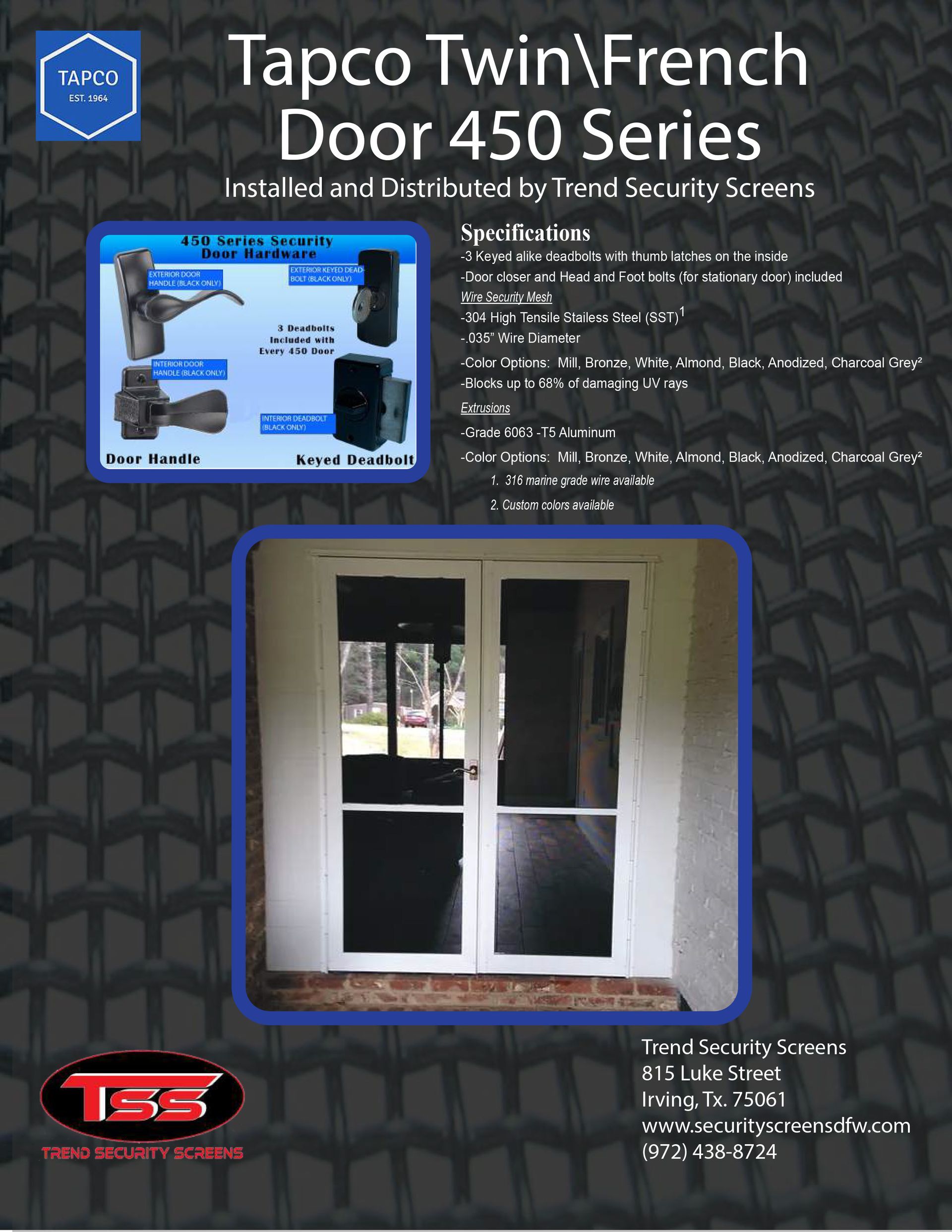 Tapco French door brochure. Twin doors on display, with product images and specifications. Blue, white, and black colors.