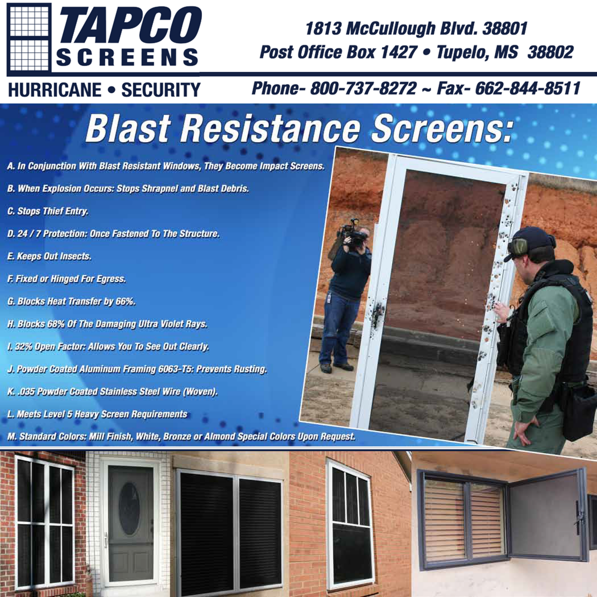 TAPCO Screens ad. Blast resistance screens; includes photos of a screen door and windows.