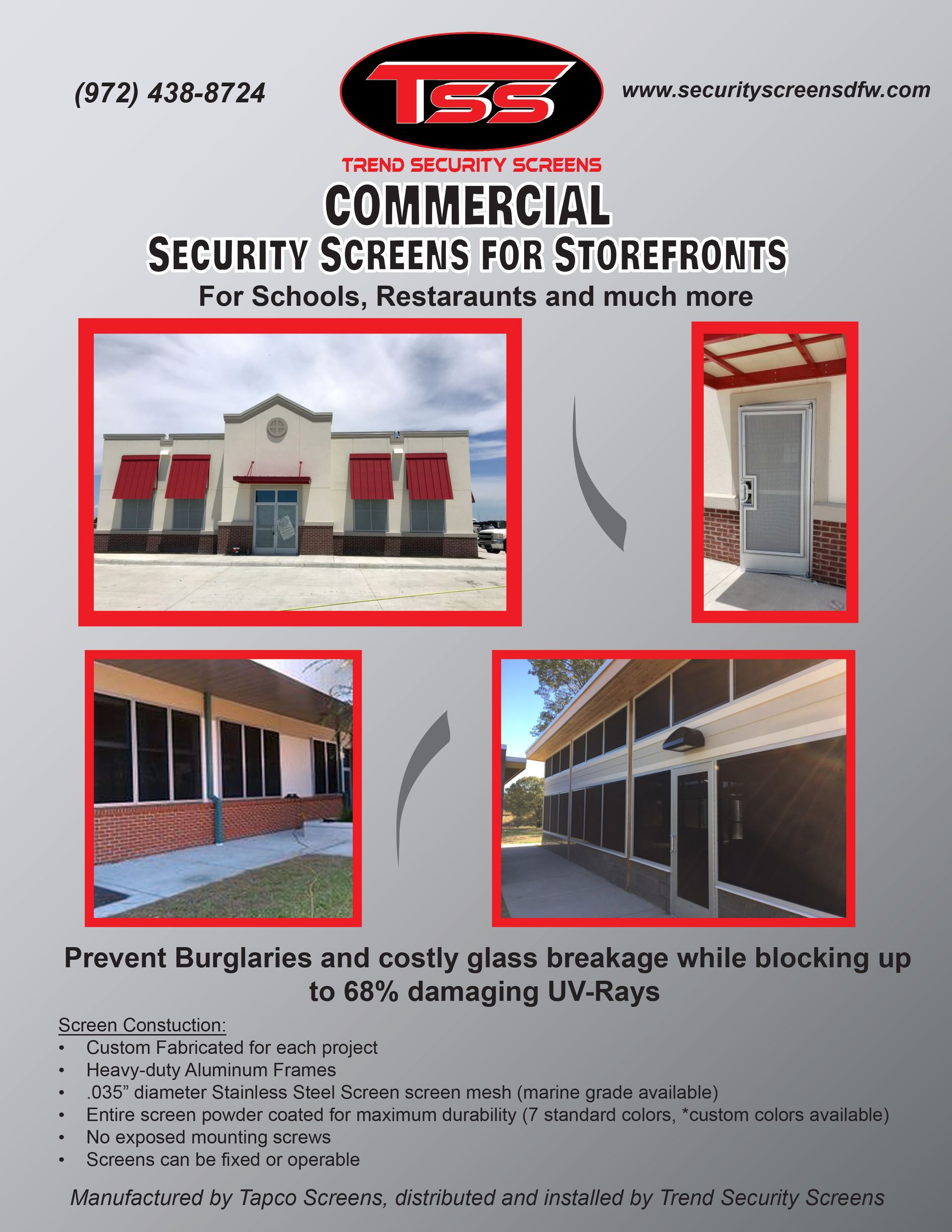 Commercial security screen advertisement. Features various buildings with installed screens. Text promotes burglary prevention and UV ray blocking.