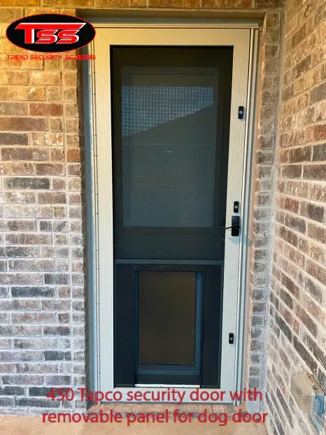 A screen door with a removable panel for a dog door.