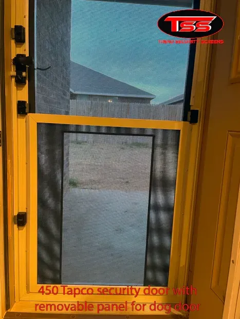 A yellow security door with a removable panel for dogs