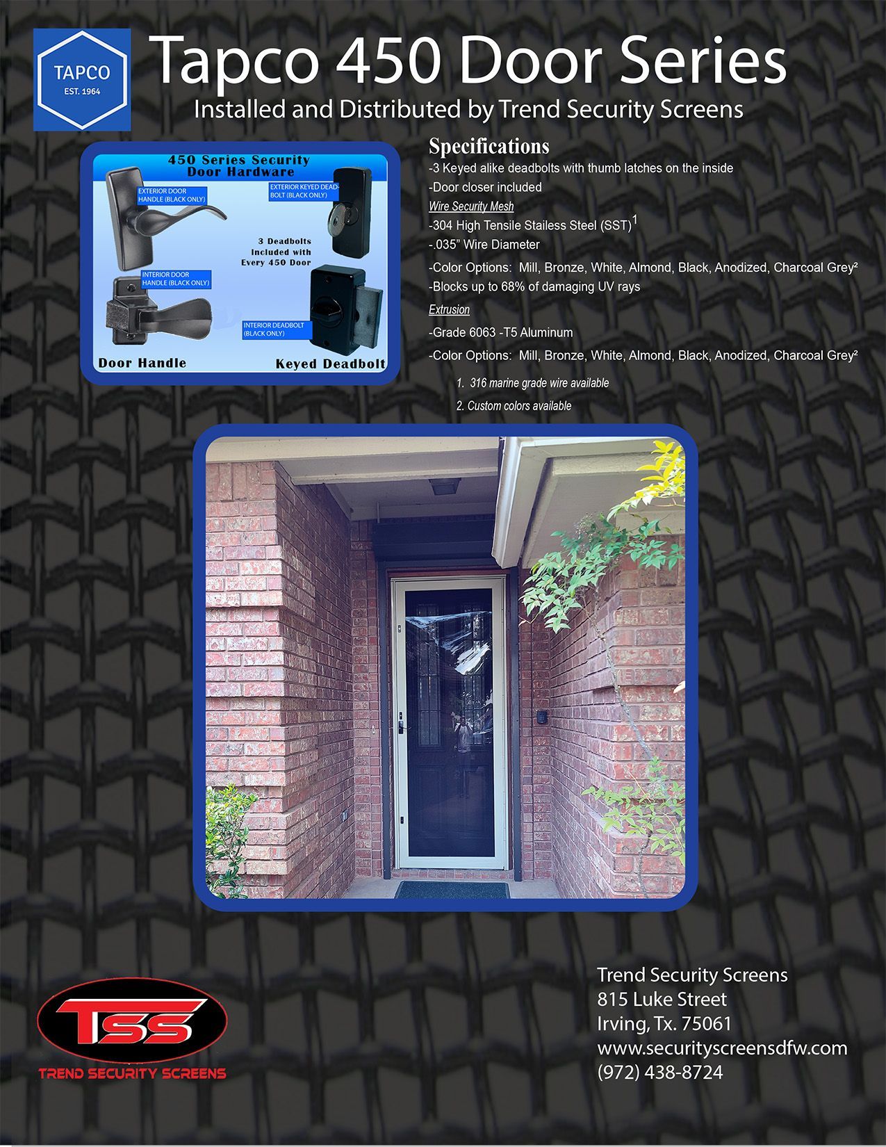 Brochure for Tapco 450 Door Series, installed and distributed by Total Security Systems, featuring door components.