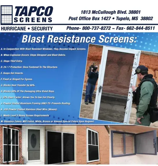 An advertisement for tapco screens that says blast resistance screens