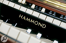 Close-up of a Hammond organ keyboard with the brand name 