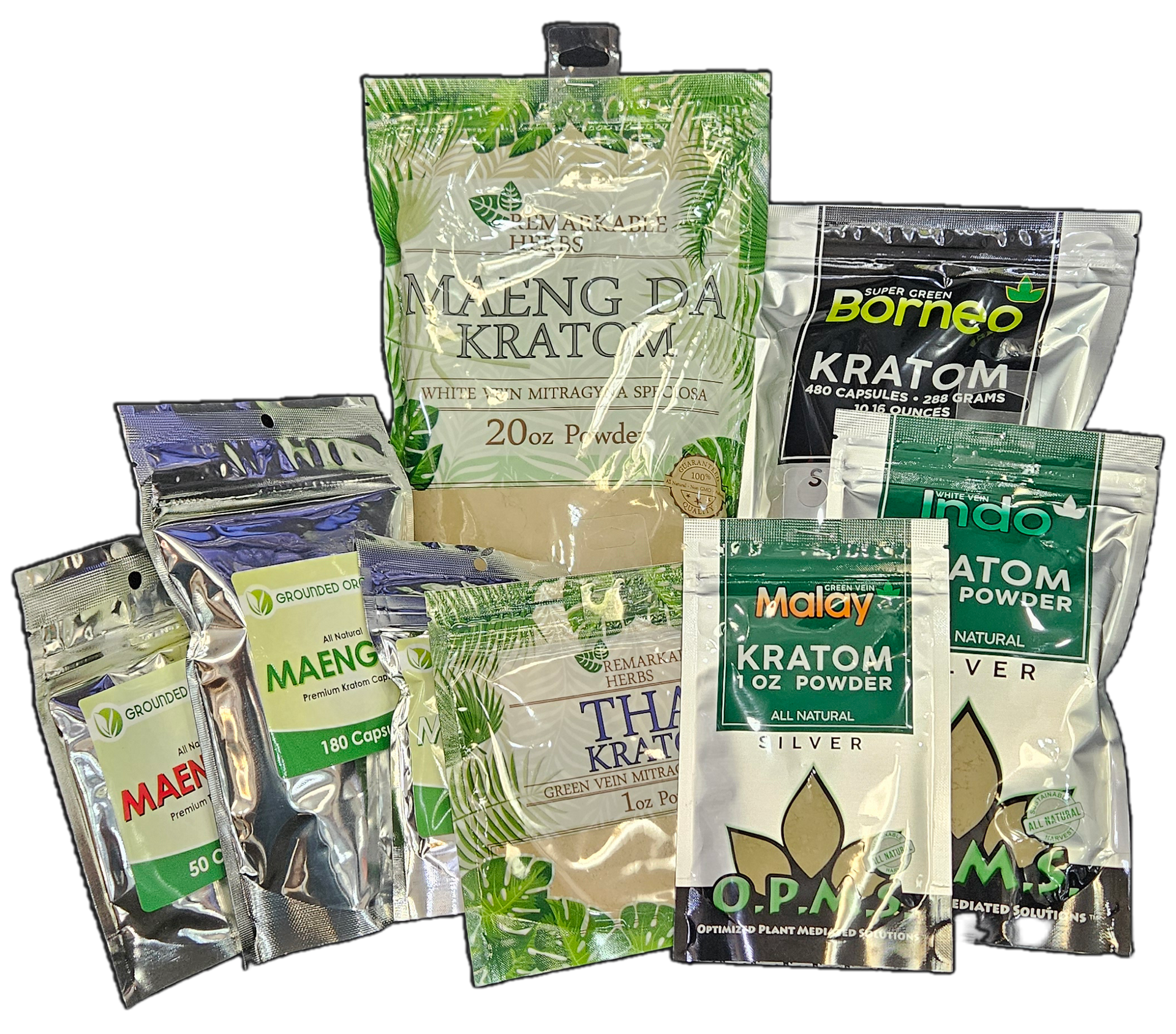 Several kratom and kratom capsule products from Grounded Organics, OPMS and Remarkable Herbs.