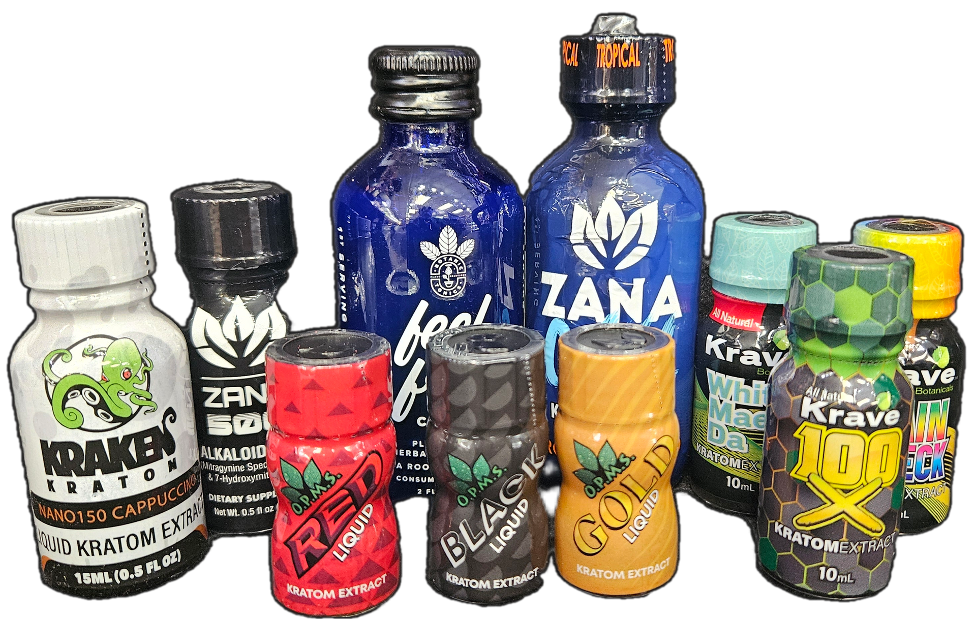 A display of kratom extracts and shots from Kraken, Zana, OPMS, Feel Free, and Krave.