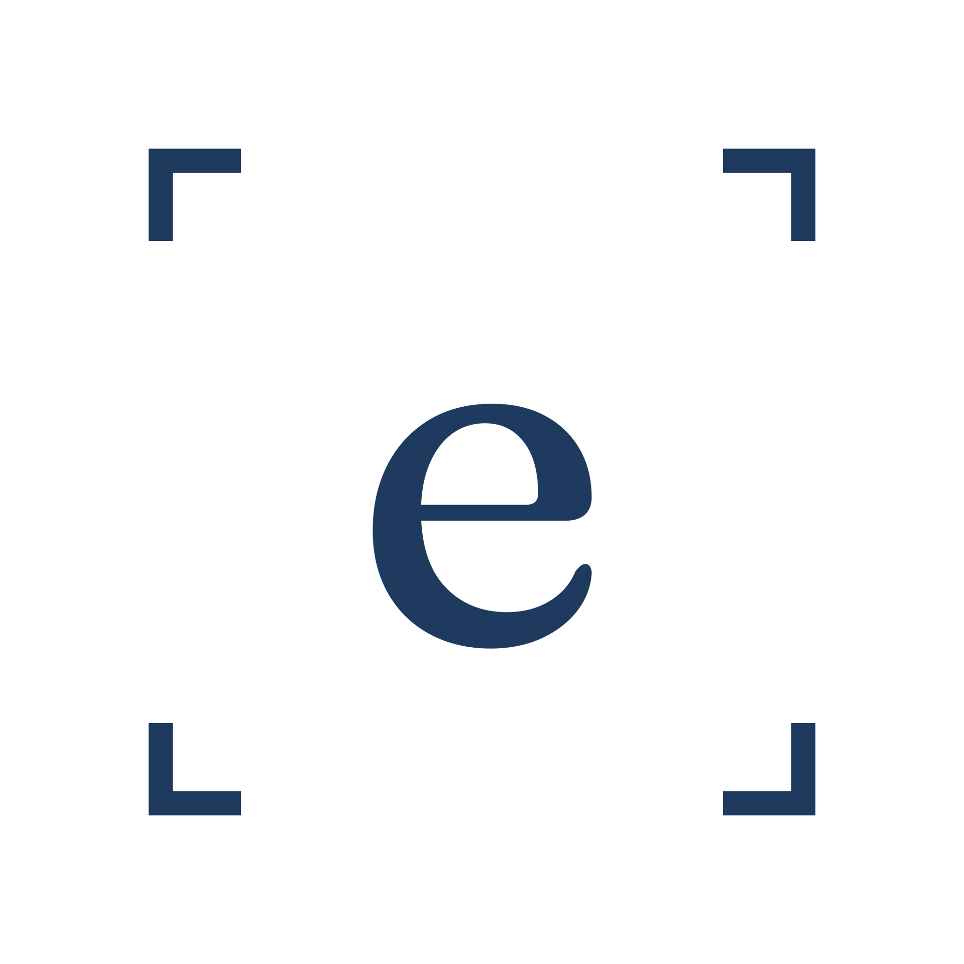 Blue lowercase “e” centered inside four dark corner brackets on a white background