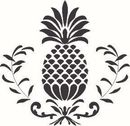 A black and white stencil of a pineapple with leaves around it.