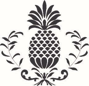 A black and white stencil of a pineapple with leaves around it.