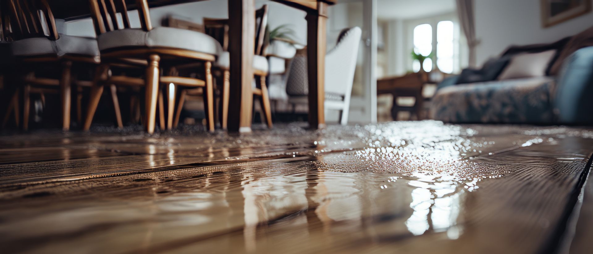 Water damage restoration needed for wet wooden floor after indoor leak near dining furniture.