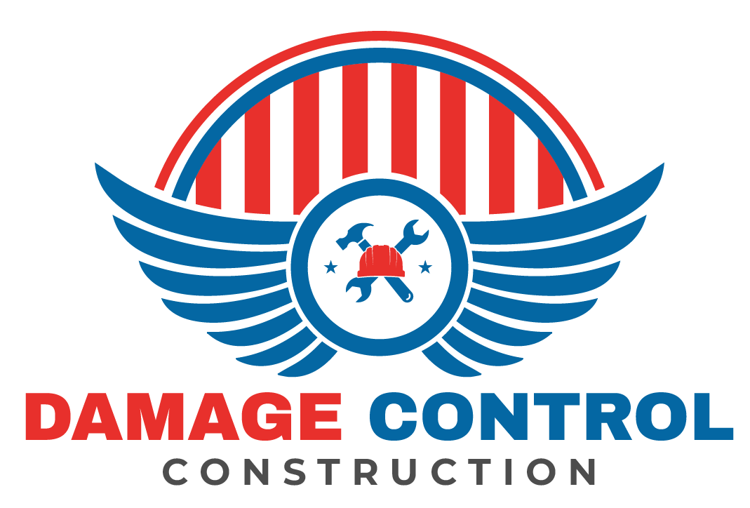 Logo for Damage Control Construction: Wings, red/blue circle with tools, and patriotic stripes.