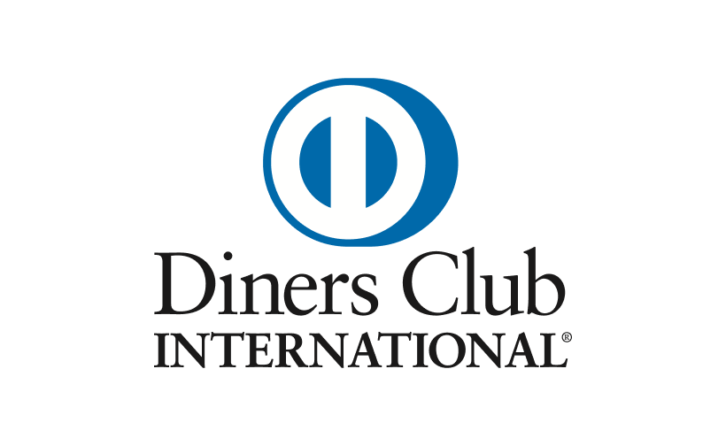 Logotipo azul do Diners Club International, apresentando um ícone circular acima do nome da marca em texto preto.