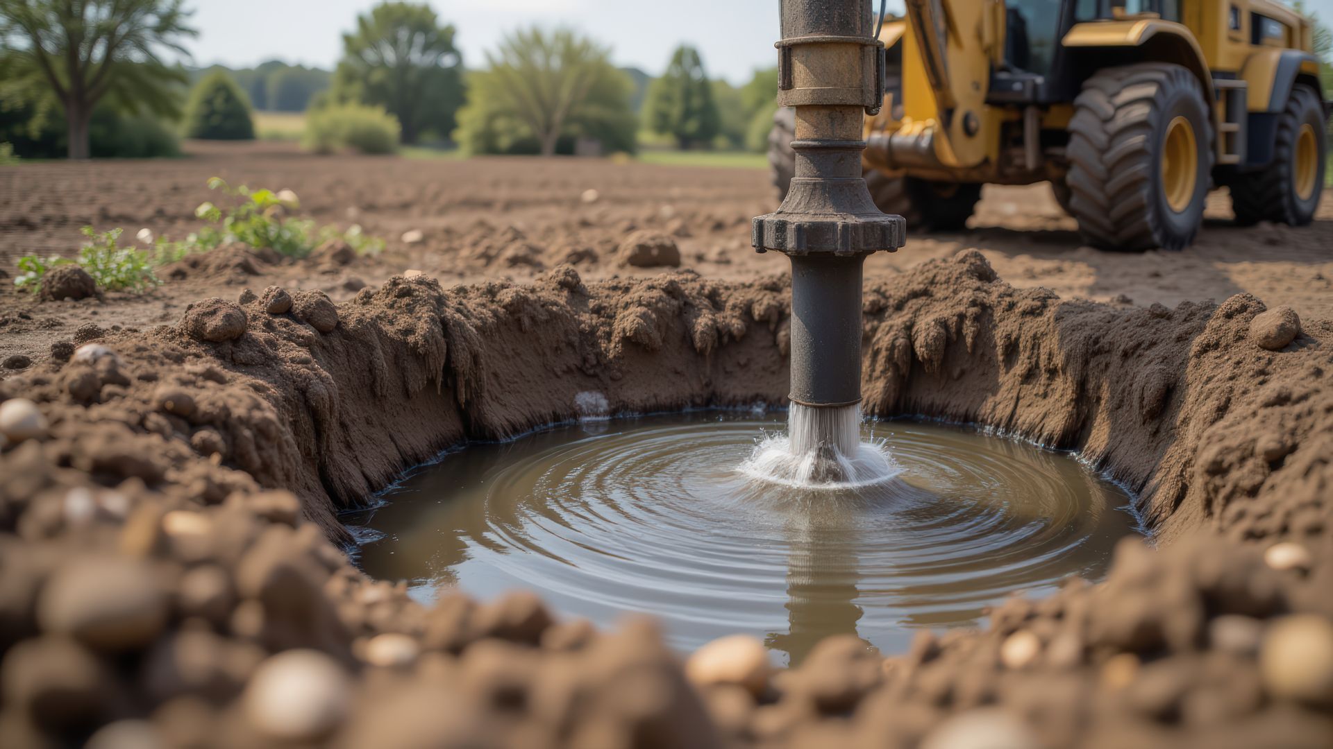 Drilling water well with auger machine in field.