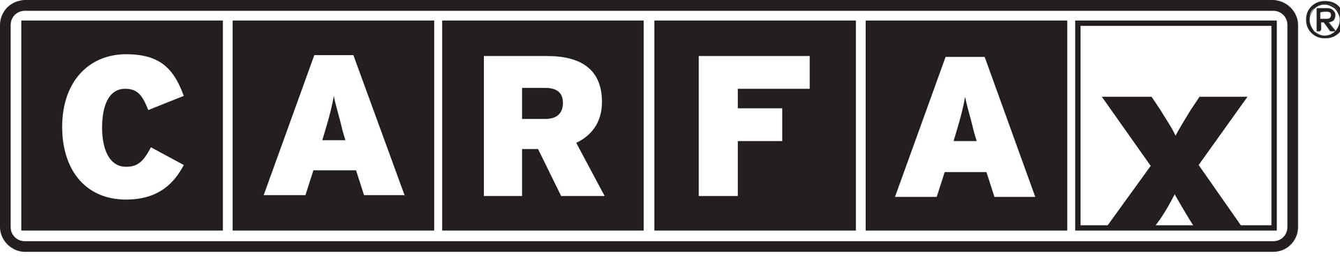 CARFAX logo: white letters on black background. A registered trademark symbol is in the upper-right.