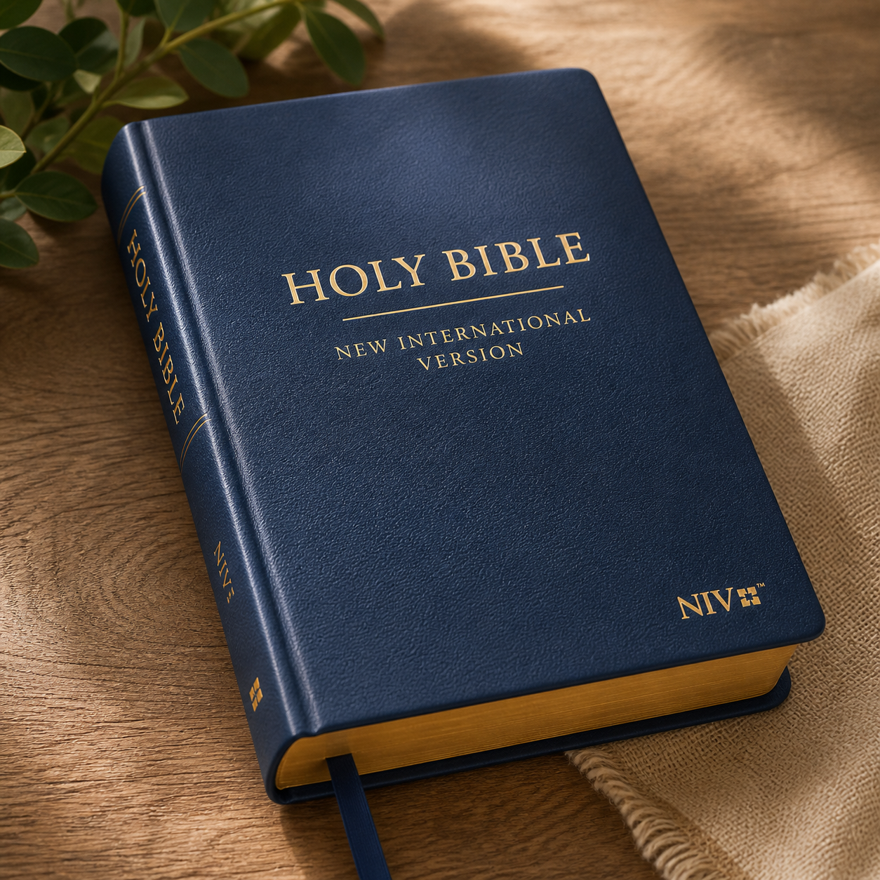 Blue Holy Bible with gold lettering resting on a sunlit table, with a ribbon bookmark visible
