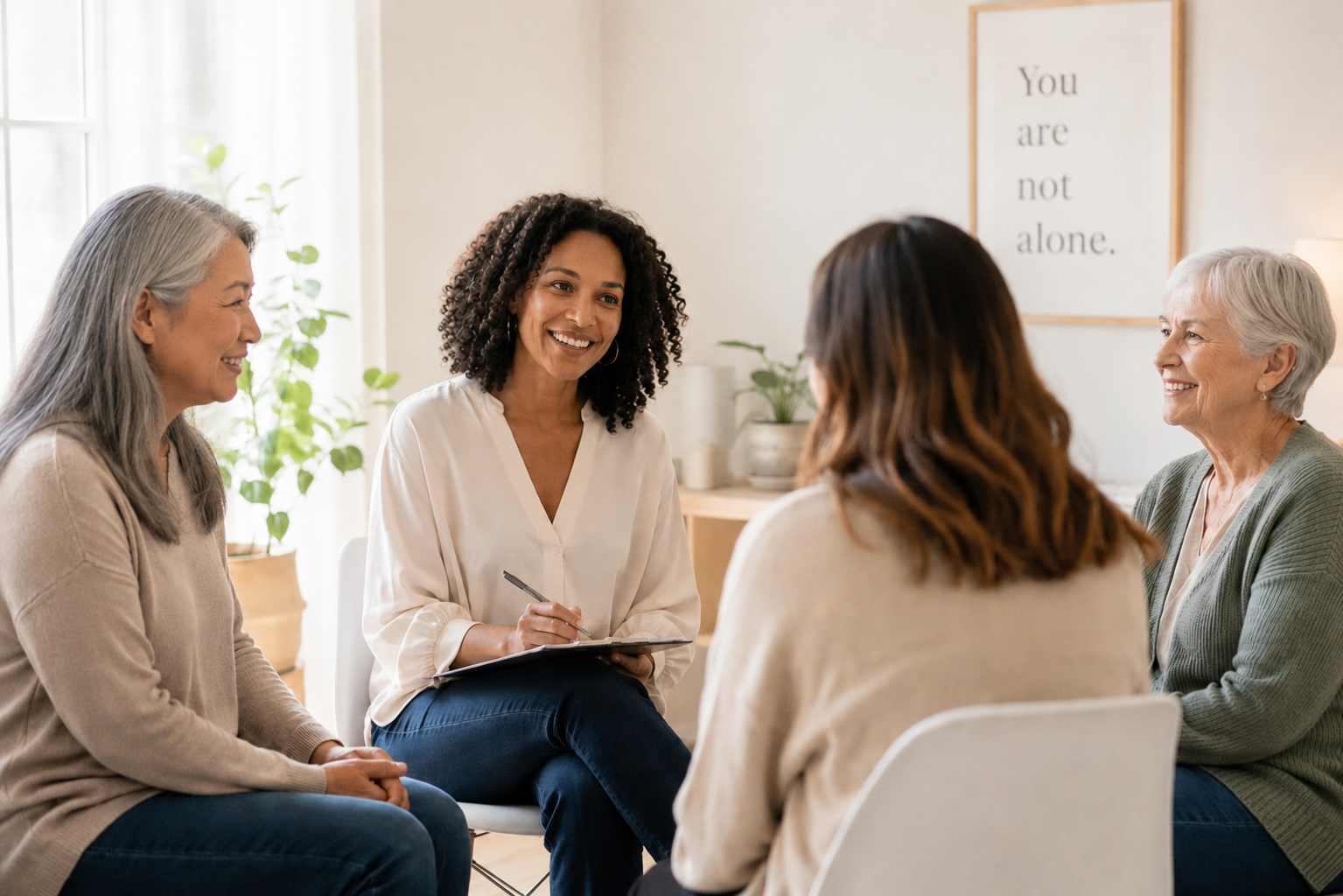 Four people sit in a bright room during a supportive group conversation.