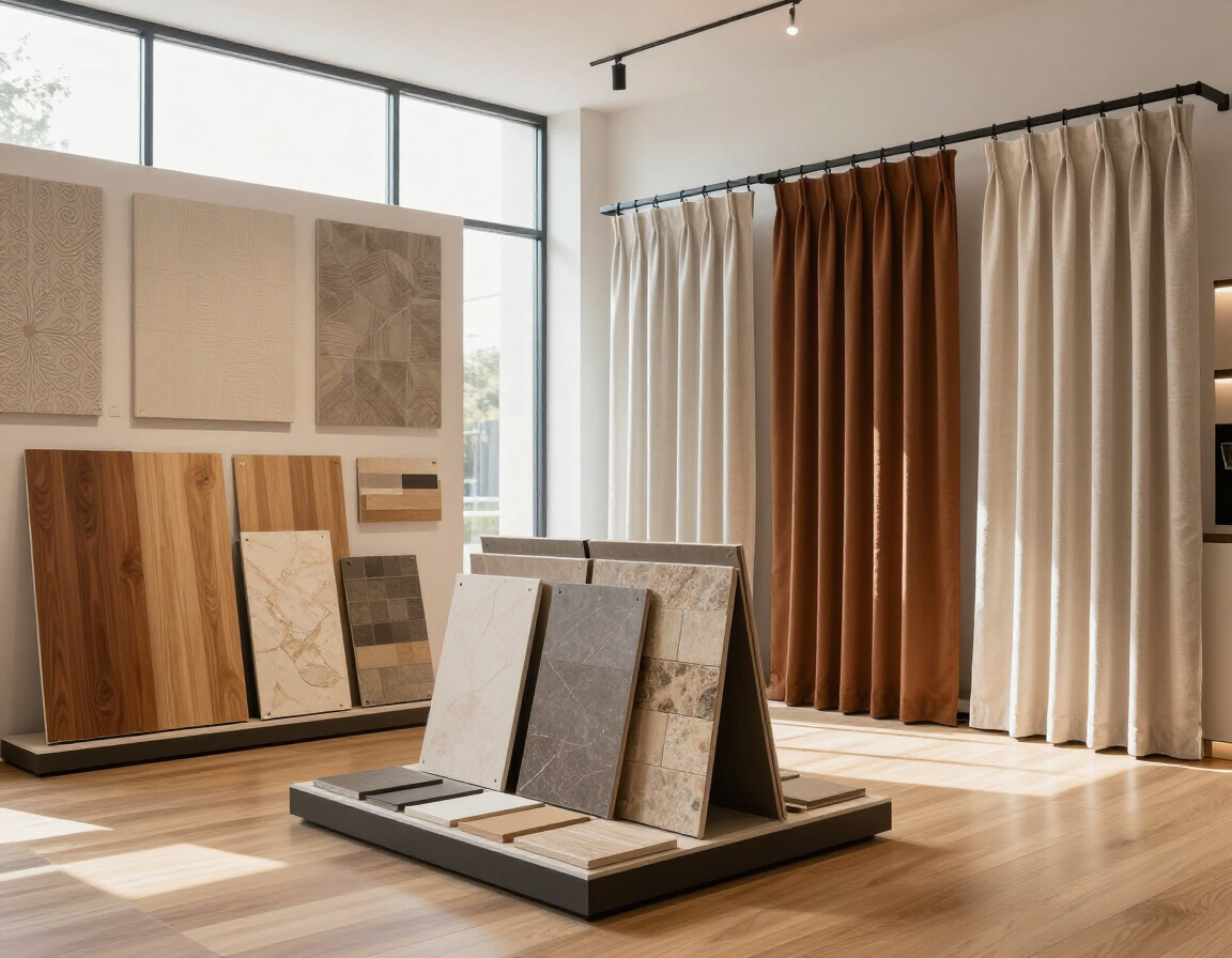 Sala de exposición con muestras de suelos de madera y piedra expuestas en una habitación luminosa 