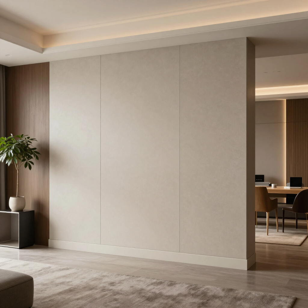Sala de estar moderna y minimalista con pared revestida de paneles beige, detalles de madera
