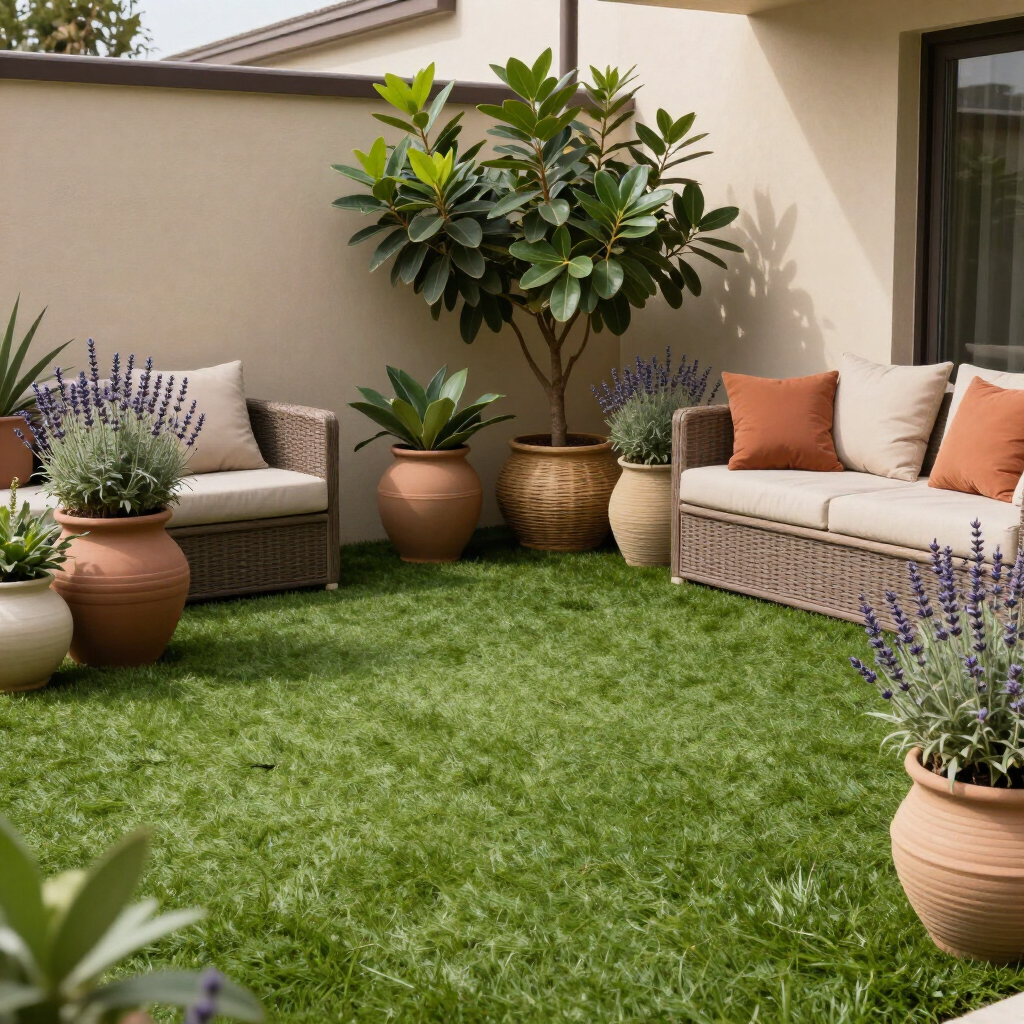 Acogedor patio con sofás de mimbre, macetas de terracota y un césped verde exuberante alrededor de un árbol en maceta.