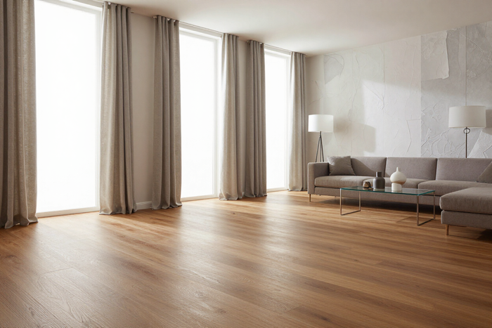 Luminoso salón moderno con suelo de madera, cortinas beige, sofá gris y lámpara de pie.