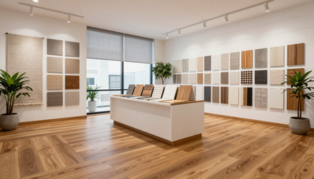 Galería de arte moderno con láminas enmarcadas, suelos de madera y una mesa de exposición central