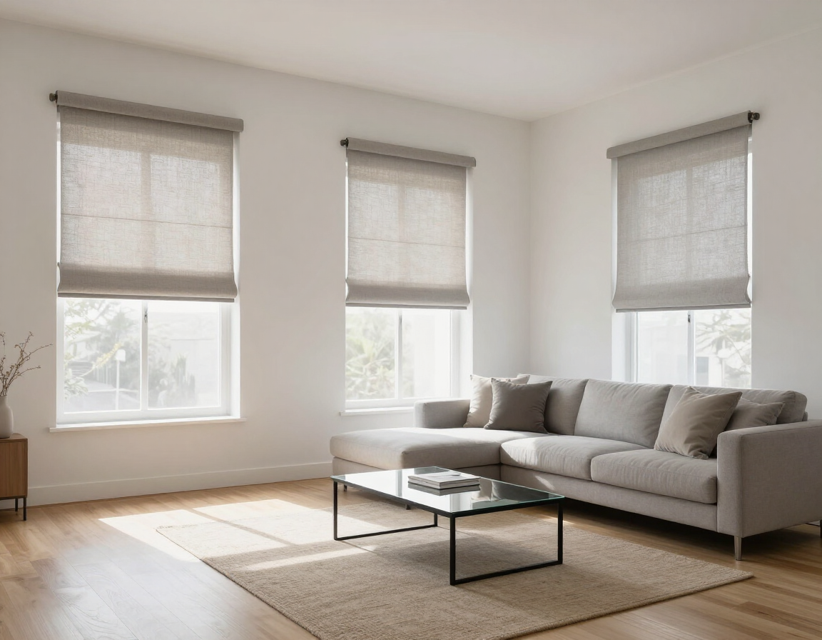 Sala de estar luminosa con tres ventanas, sofá modular gris, mesa de centro de cristal y alfombra beige.