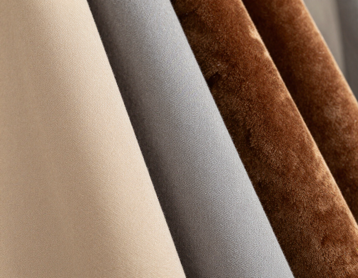 Muestras de tela dobladas en texturas beige, gris y marrón, dispuestas en diagonal.