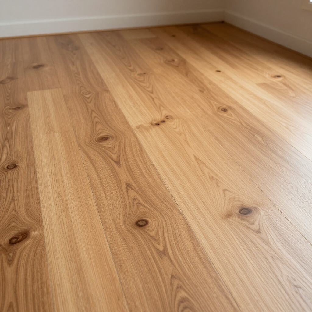 Piso de madera de roble claro en una habitación de esquina sin muebles, con zócalos y paredes blancas.