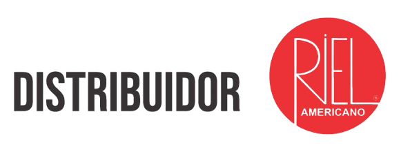 Logo de distribuidor con texto negro y emblema rojo de “Riel Americano”.