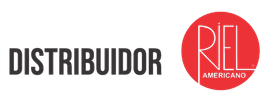 Logo de distribuidor con texto negro y emblema rojo de “Riel Americano”.