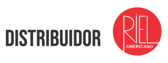 Logo de distribuidor con texto negro y emblema rojo de “Riel Americano”.