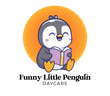 Smiling cartoon penguin reading a book, set against an orange circle, for 