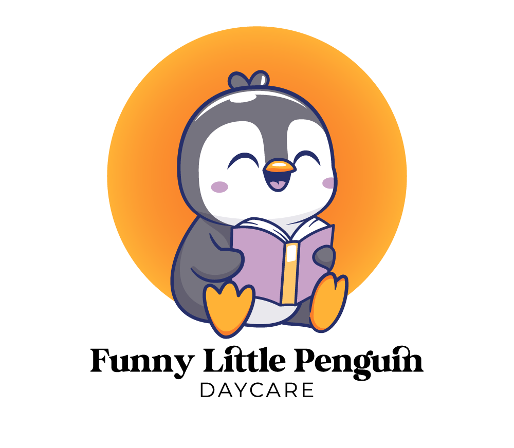 Smiling cartoon penguin reading a book, set against an orange circle, for 
