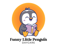 Smiling cartoon penguin reading a book, set against an orange circle, for 