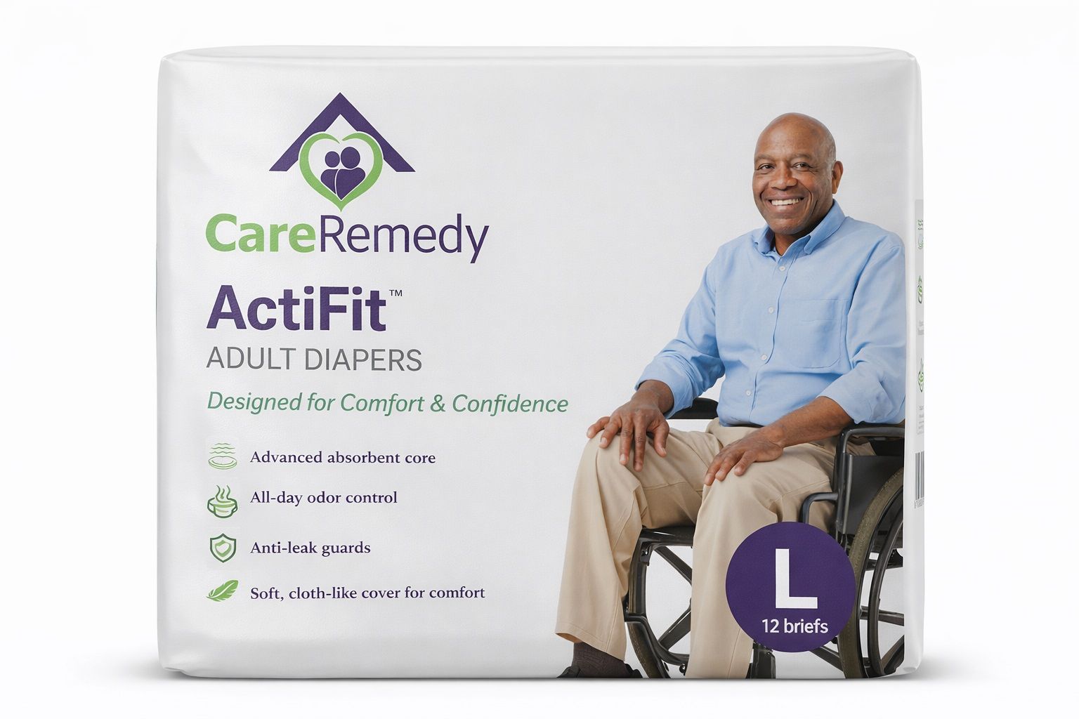 CareRemedy ActiFit adult diapers pack with smiling man on the right, purple size L label