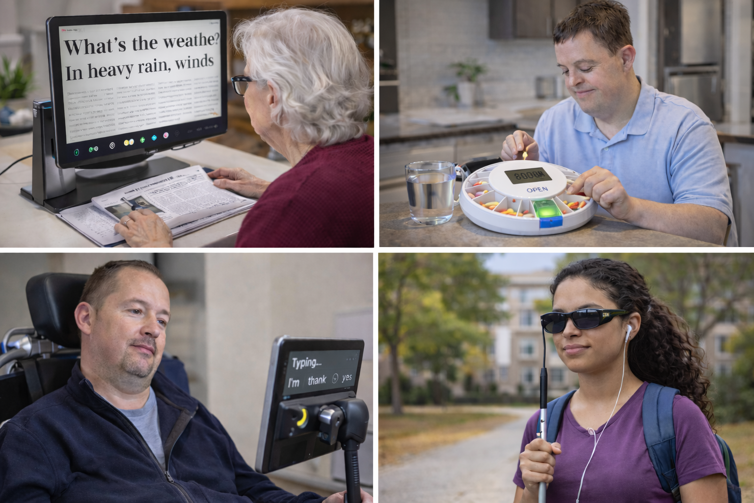 Four people using assistive technology: screen reader, communication device, wheelchair controls, and cane outdoors