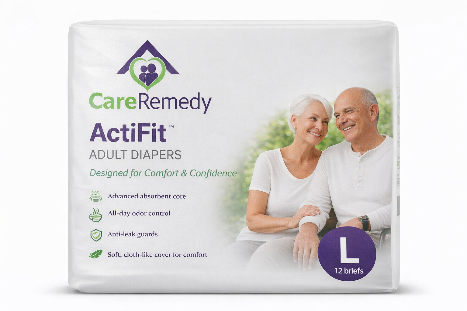 CareRemedy ActiFit adult diapers package in white with green accents and a smiling couple on the front